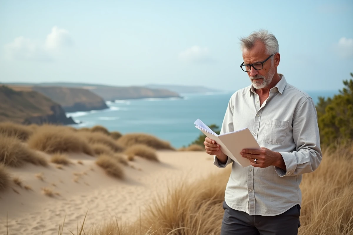 Homme étudiant une annonce immobilière sur un terrain vide en bord de mer avec une expression méfiante