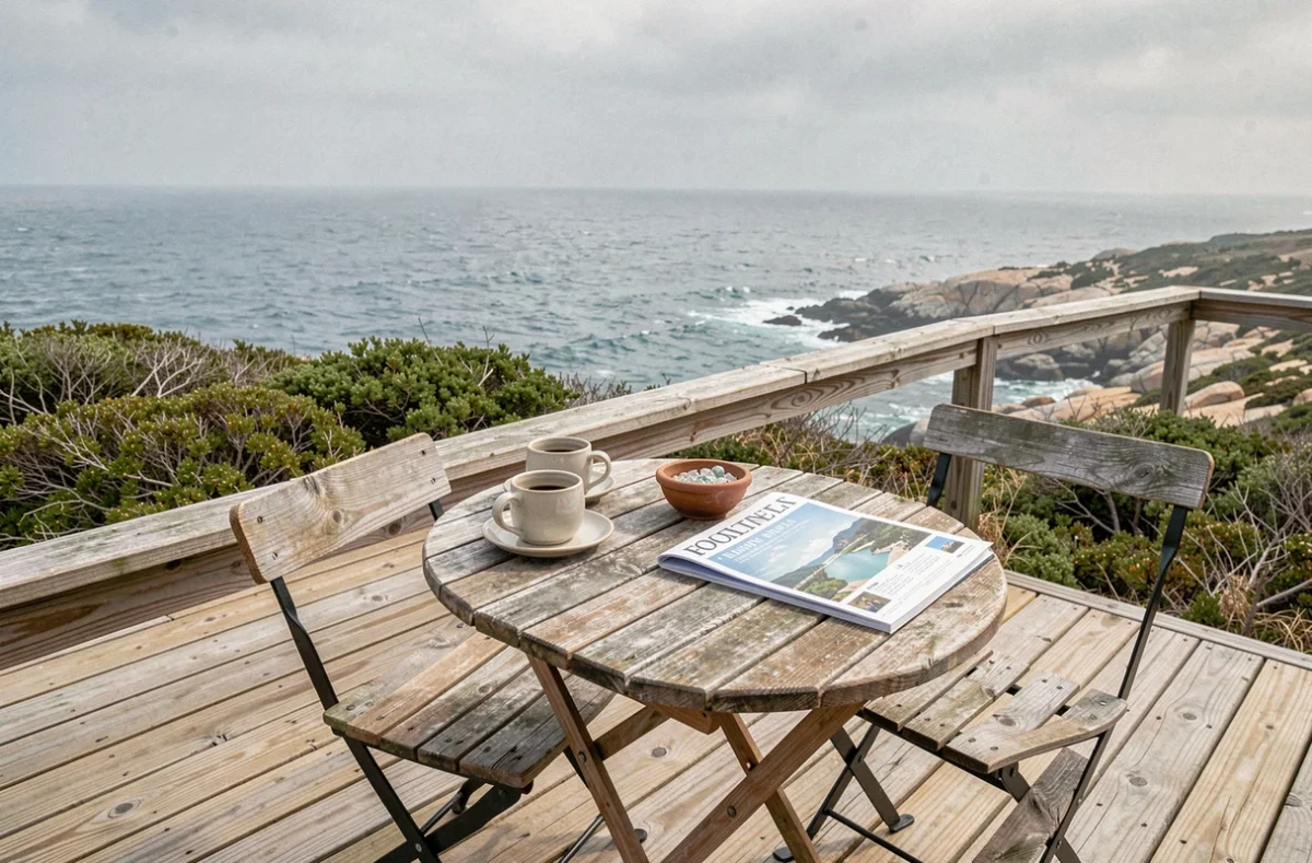 Terrasse en bois d'un gîte bord de mer avec vue sur la côte atlantique, illustrant les atouts d'une location saisonnière bien placée