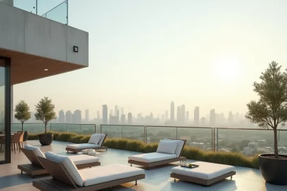 Terrasse de penthouse avec vue panoramique sur les toits de la ville et mobilier outdoor haut de gamme
