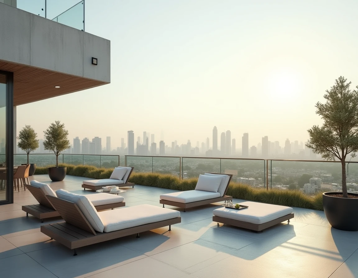Terrasse de penthouse avec vue panoramique sur les toits de la ville et mobilier outdoor haut de gamme