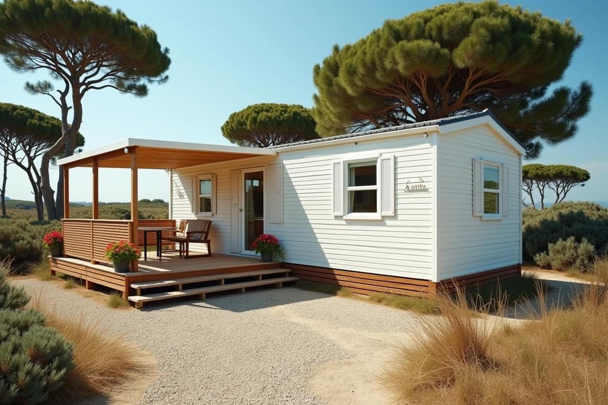 Mobil-home en bord de mer en Vendée avec terrasse en bois sur parcelle privée à vendre pour résidence secondaire