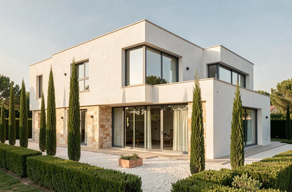 Maison individuelle moderne réalisée par Villa Project dans le Vaucluse, avec façade claire et grandes baies vitrées sur fond de végétation méditerranéenne