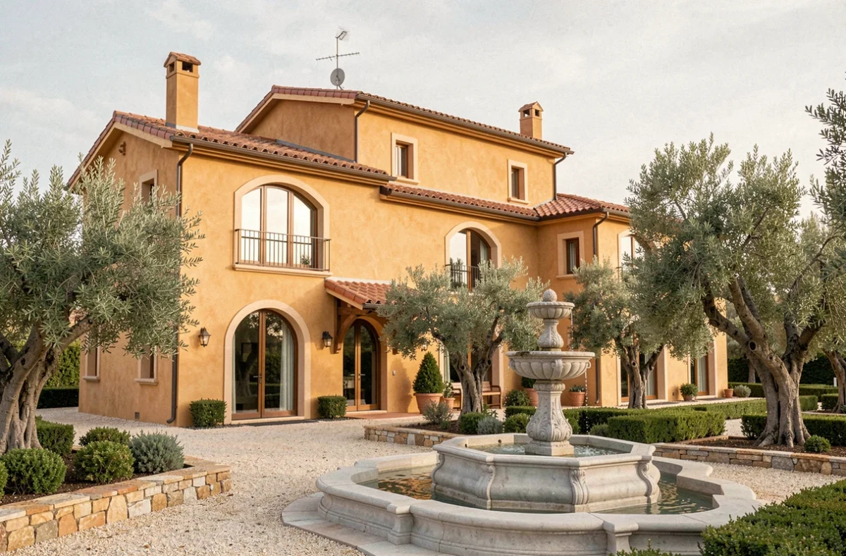Villa sur mesure construite par Villa Sud Conception dans le Vaucluse, avec façade en enduit ocre, toiture en tuiles rondes, arcades et jardin provençal avec fontaine en pierre