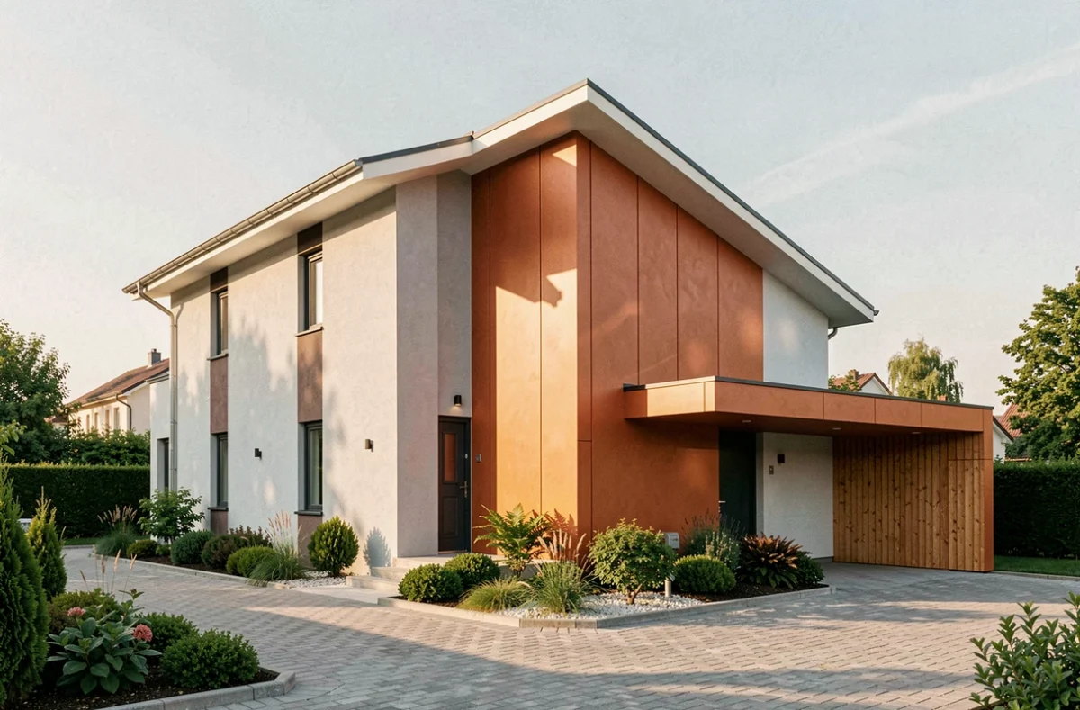 Maison individuelle moderne construite par Villas Prisme dans le Vaucluse, avec façade bicolore en enduit gris et bardage terracotta et jardin paysagé