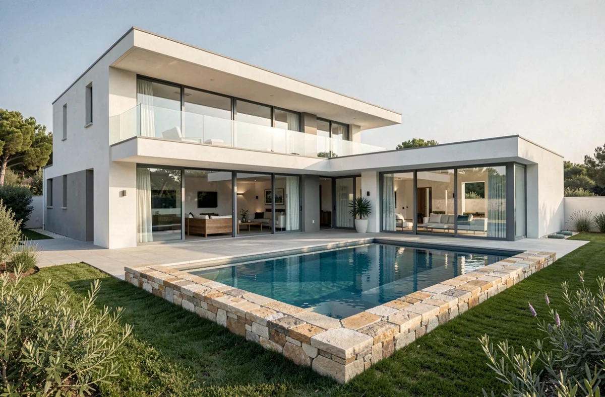 Villa contemporaine haut de gamme réalisée par LES VILLAS VETENA dans le Vaucluse, avec toit plat, baies vitrées et piscine rectangulaire sur terrasse en pierre