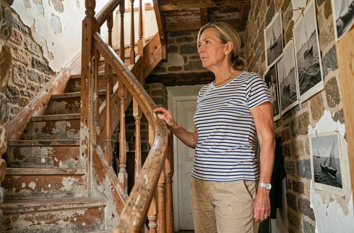 Femme inspectant l'escalier en bois d'origine d'une maison de pêcheur bretonne lors d'une visite immobilière