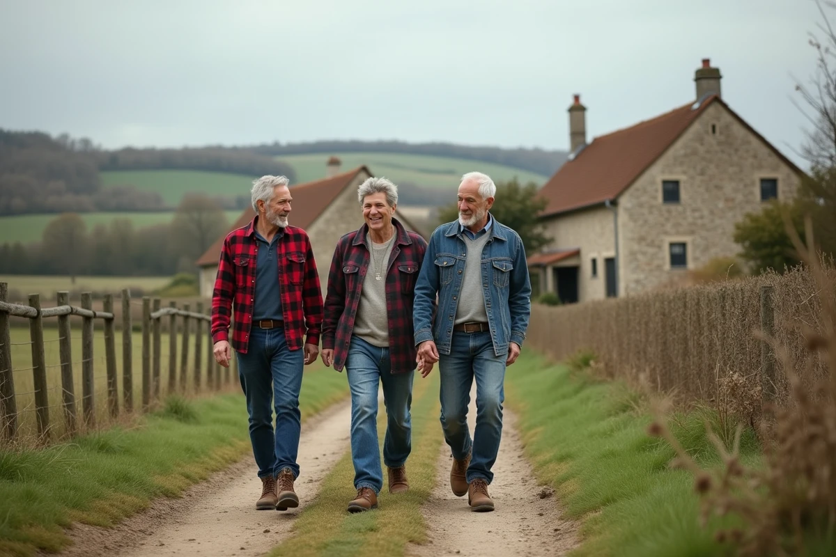 Trois futurs cohabitants visitant une propriété rurale en pierre pour un projet d'habitat partagé à la campagne