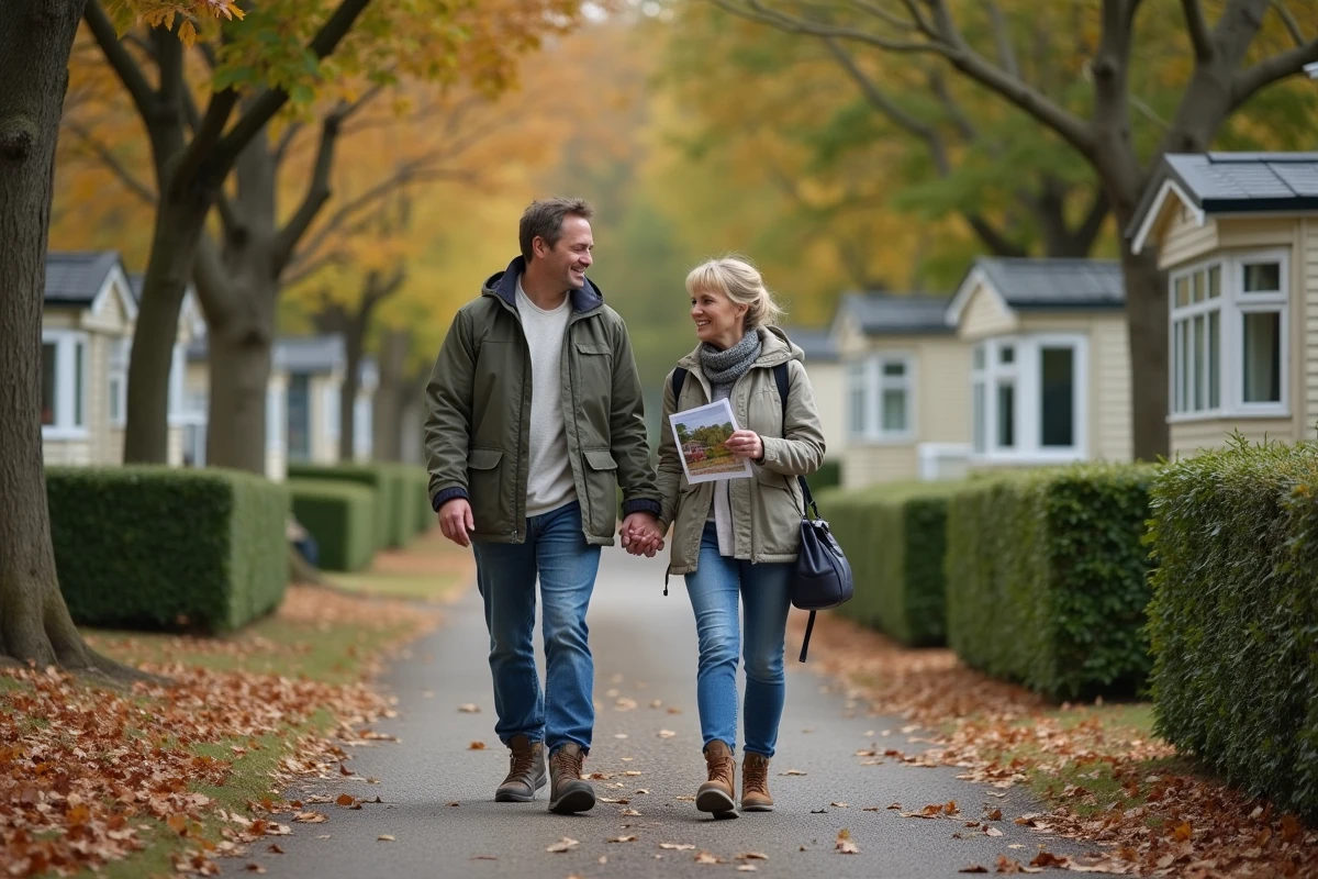 Un couple visite un terrain de camping à vendre, marchant sur les allées du domaine avec une brochure immobilière, envisageant l'achat pour changer de vie